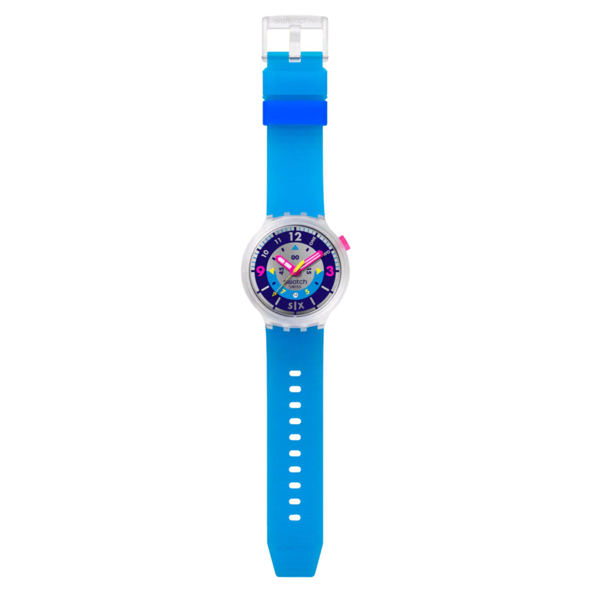 Blue silicone strap watch with dark blue dial, neon hour markers and pink crown