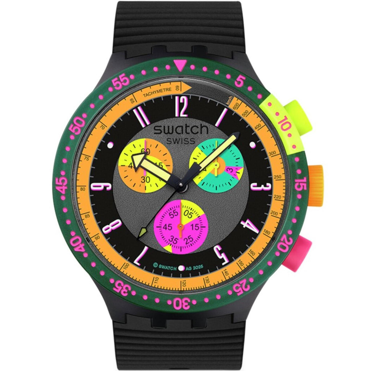 Neon bezel chronograph quartz watch with black dial and black silicone strap