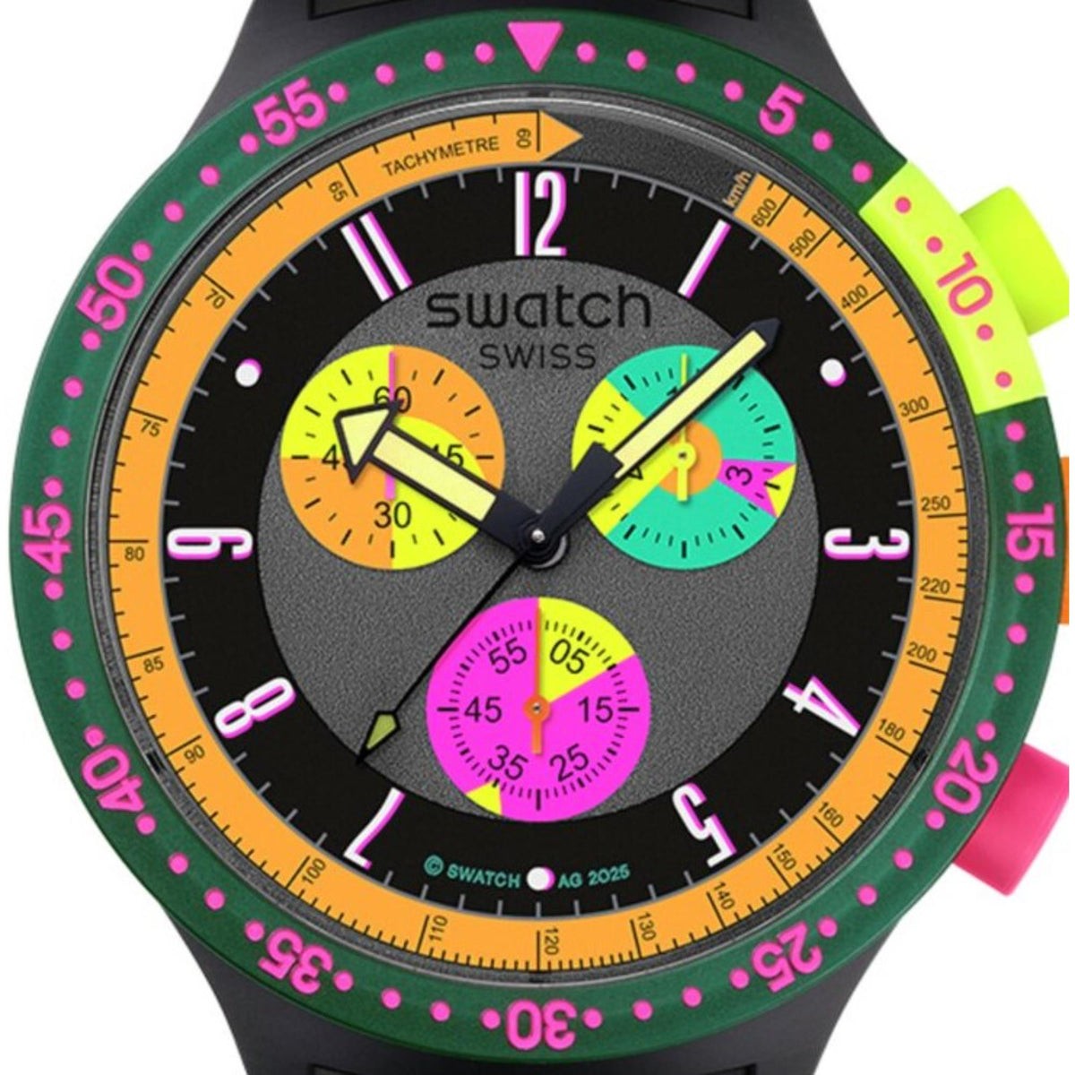 Neon bezel chronograph watch face with black dial and multicolor subdials
