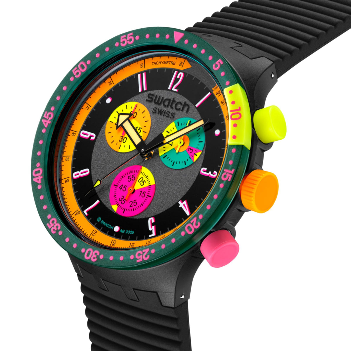Neon bezel chronograph watch with black silicone strap and colored pushers