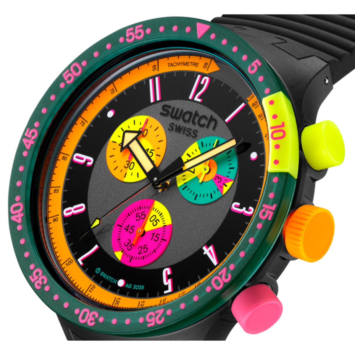 Neon dial chronograph watch face with black bezel and black silicone strap