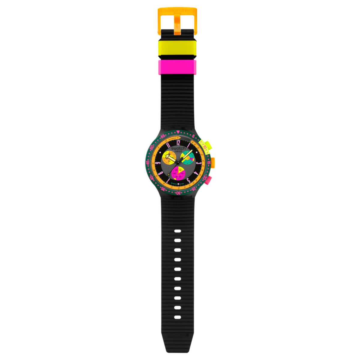 Neon bezel chronograph watch with black silicone strap and colored crown accents