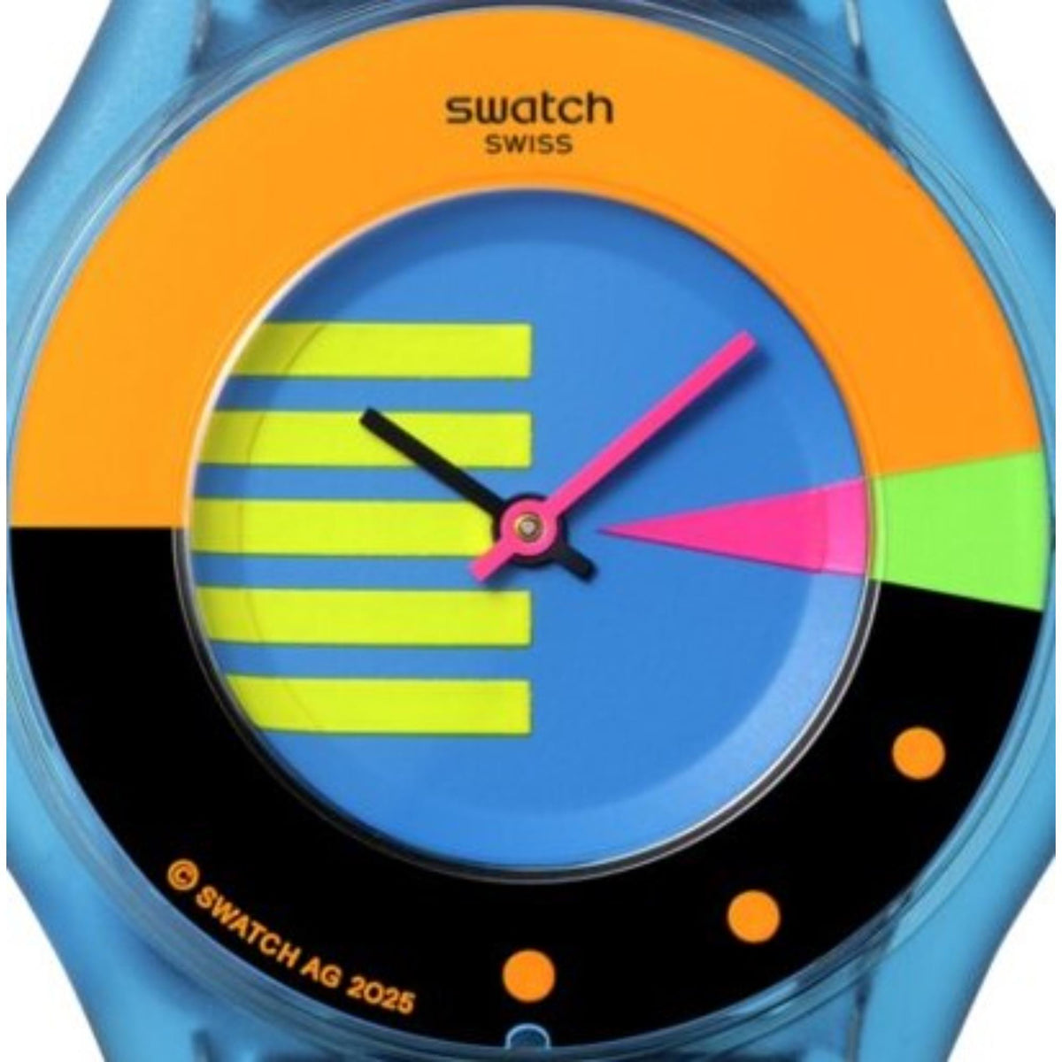 Close-up of blue watch dial with multicolor stripes and pink second hand