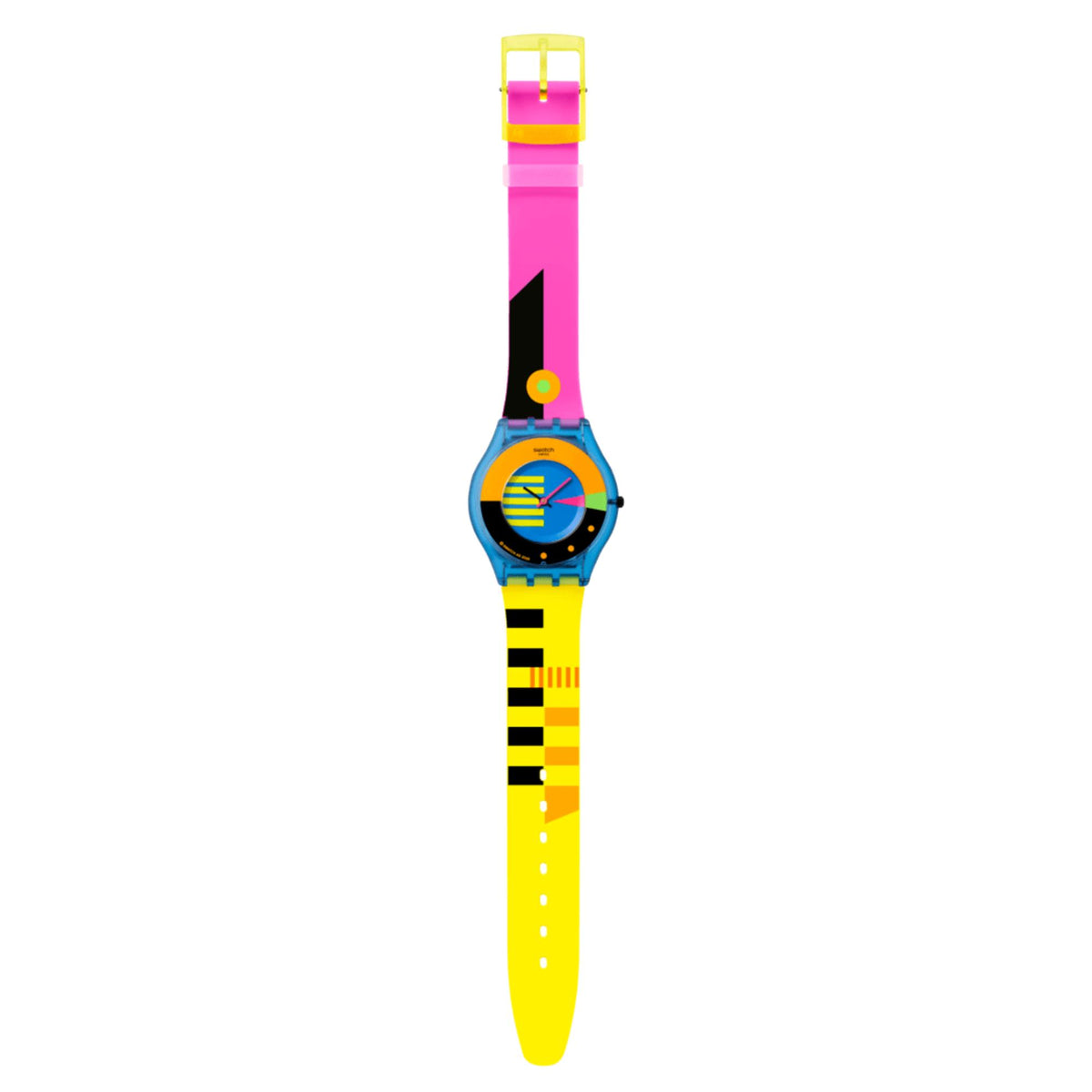 Neon silicone strap quartz watch with blue dial, rainbow ring, and pink accents