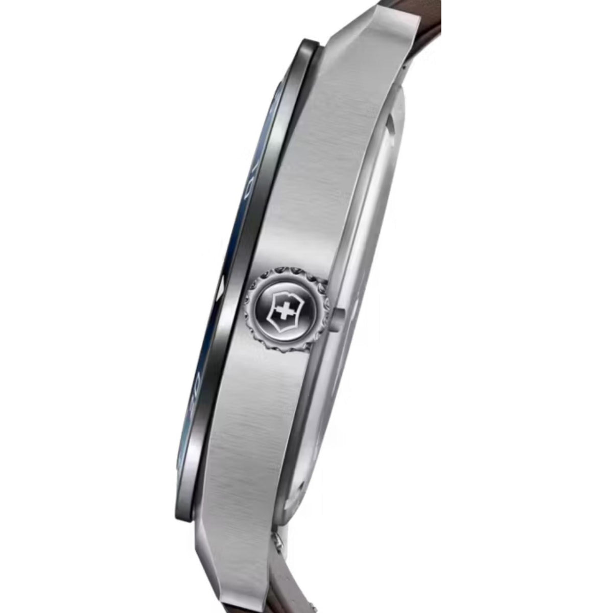 Stainless steel watch case side with crown and Victorinox shield emblem
