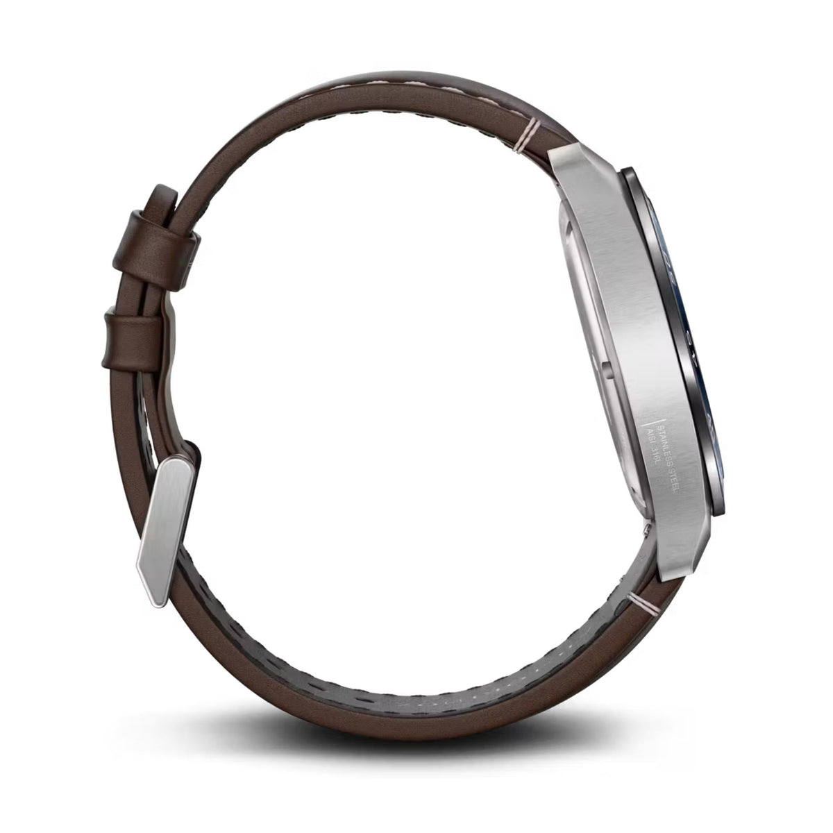Brown leather strap and stainless steel case side profile of a men's watch