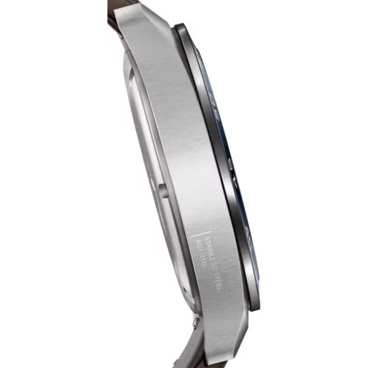 Stainless steel watch case side with blue accent ring and smooth polished finish