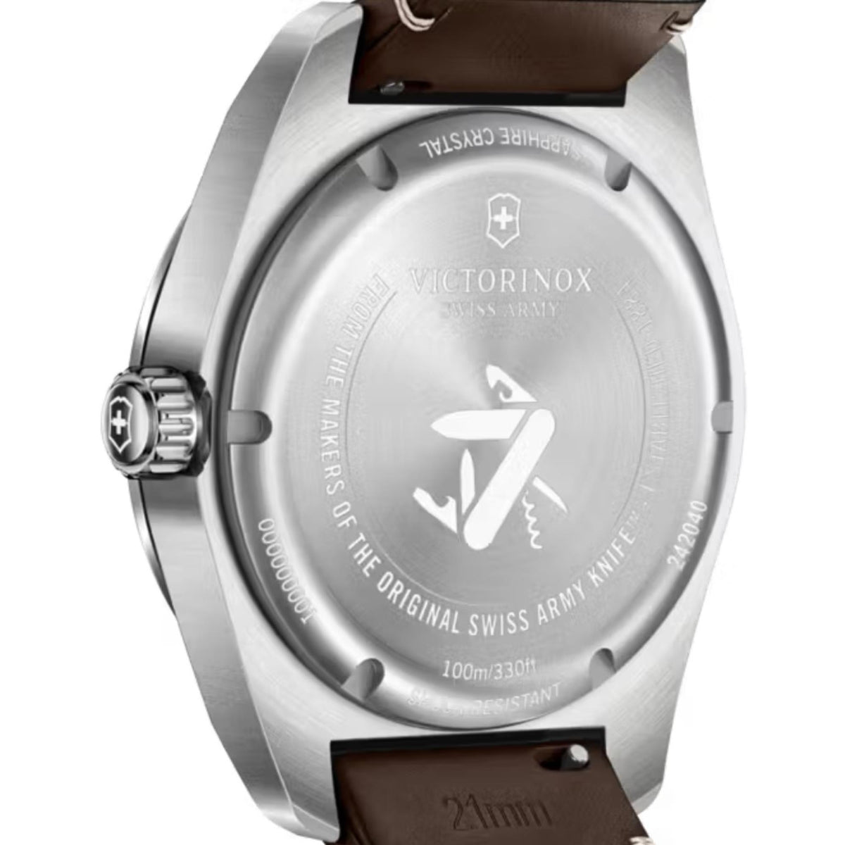 Engraved stainless steel case back with Victorinox Swiss Army Knife emblem