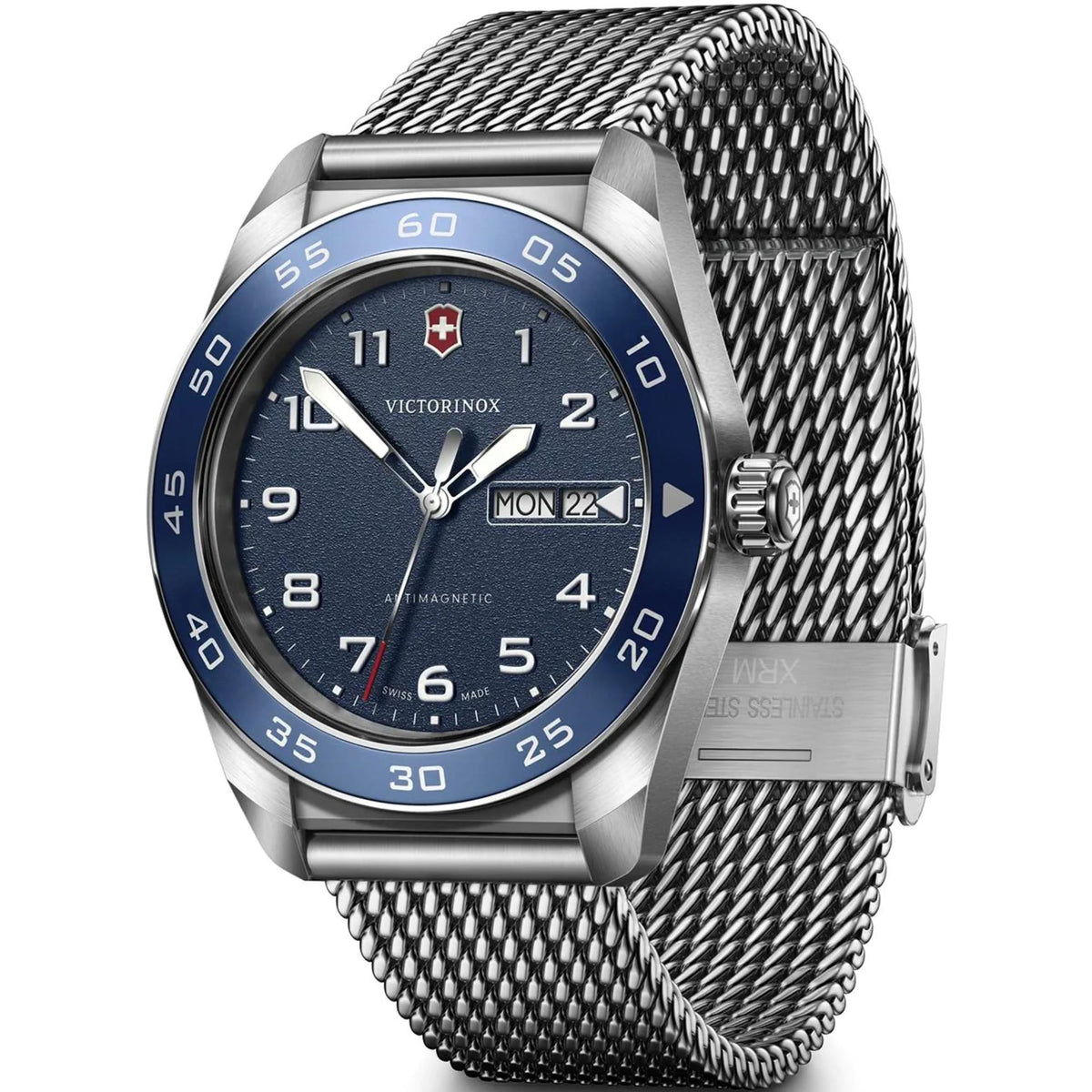 Victorinox Swiss Army men's quartz watch with blue dial, steel mesh bracelet, and date