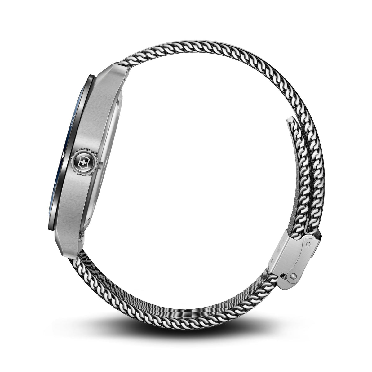 Stainless steel mesh watch bracelet with clasp on a blue dial Victorinox Swiss Army watch