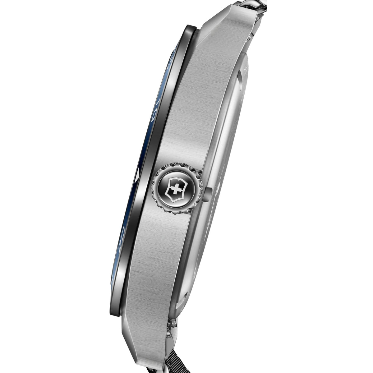 Victorinox Swiss Army men's watch side view with crown and brushed stainless steel case