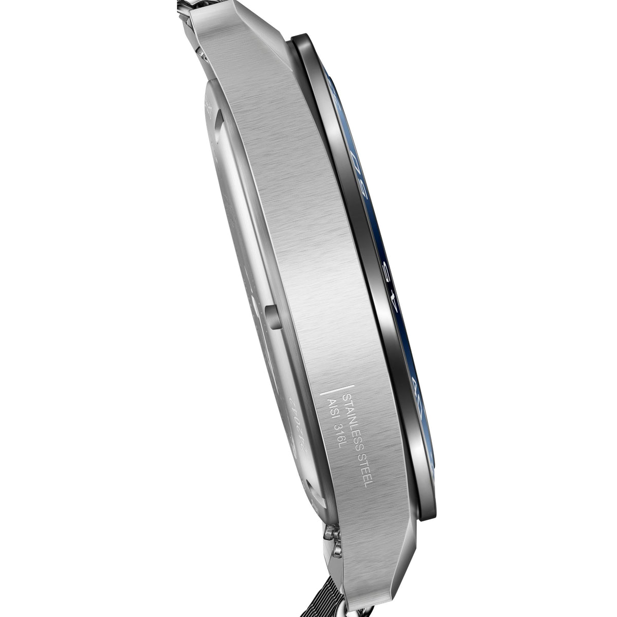 Stainless steel watch case profile with engraved markings and slim blue accent trim