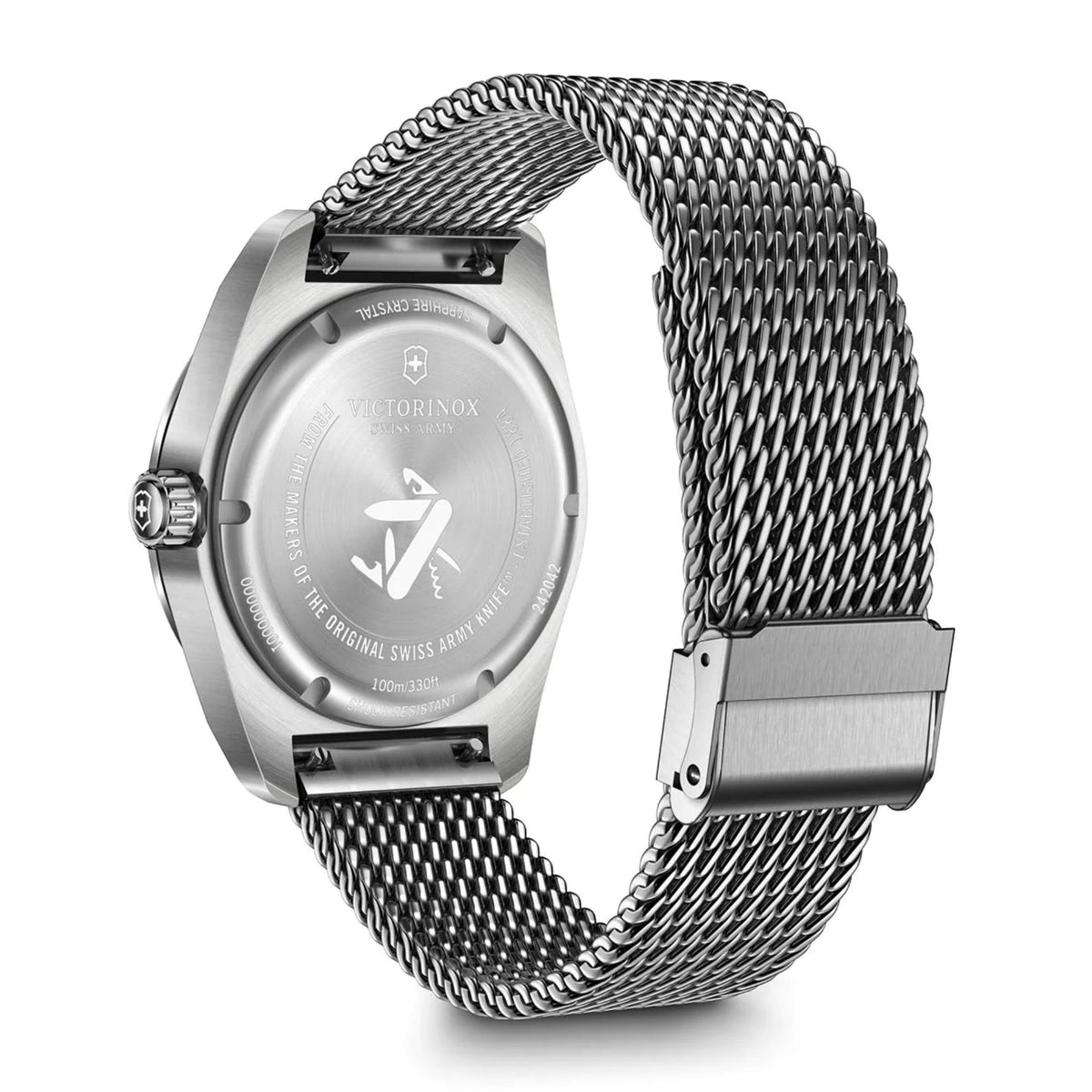 Victorinox Swiss Army watch case back with Swiss cross emblem and stainless steel mesh bracelet