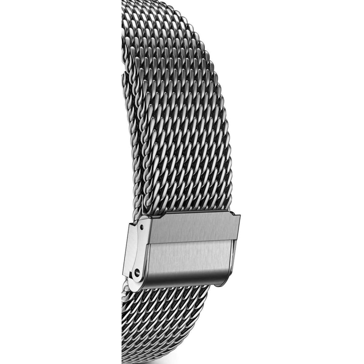 Stainless steel mesh bracelet watch with foldover clasp detail on the metal band