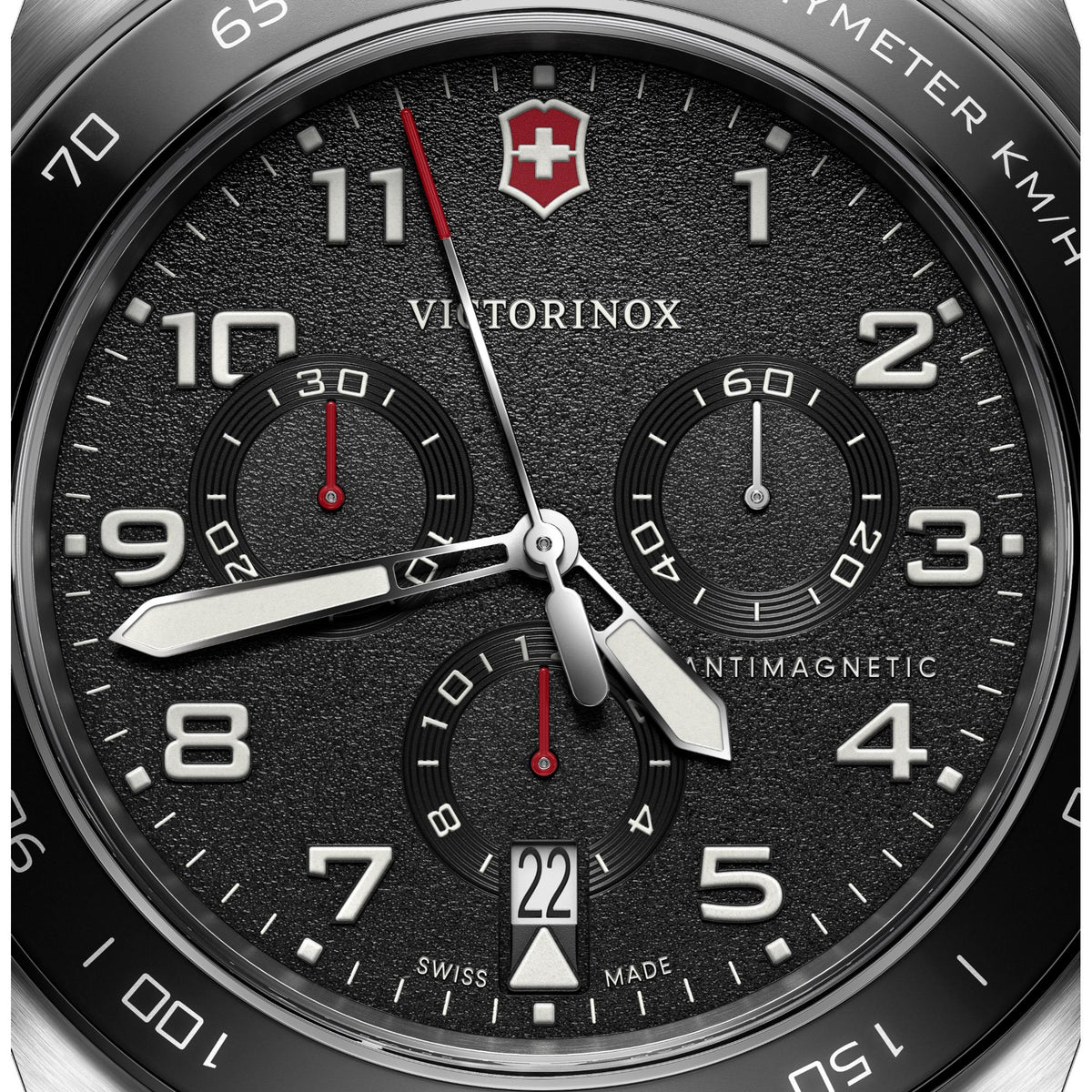 Victorinox Swiss Army 242046 tachymeter bezel and three sub-dial close-up