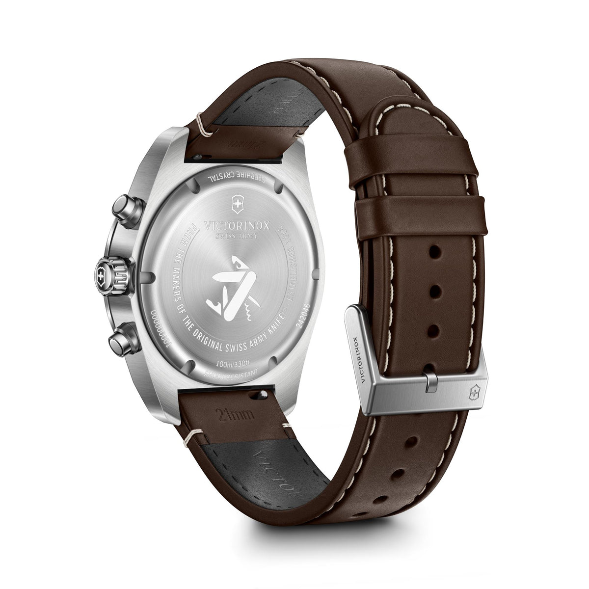 Victorinox Swiss Army 242046 watch with brown leather strap laid out showing full bracelet and case profile