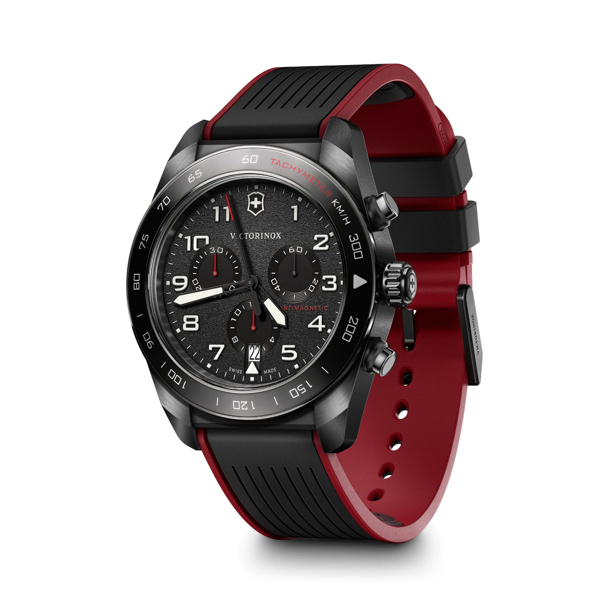 42mm chronograph watch, black dial with red highlights, black bezel, red rubber strap
