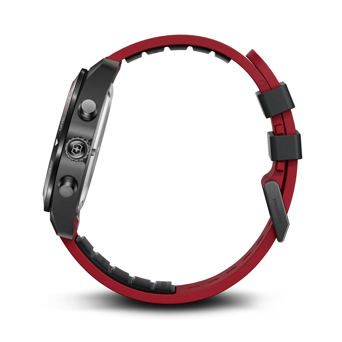 Watch case with red rubber strap and black buckle, front strap profile, chronograph