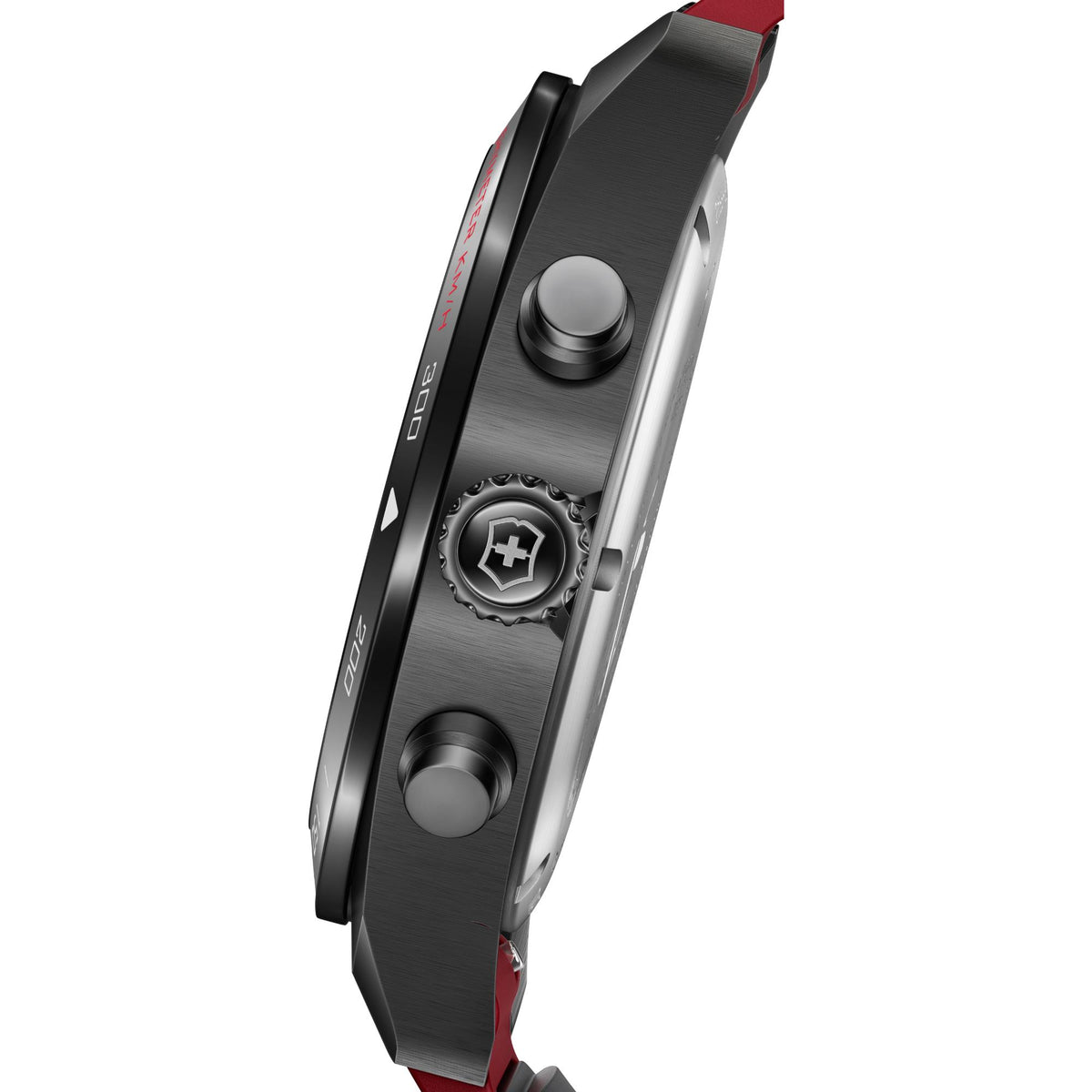 Side profile of chronograph watch case, black and silver metal with red accents