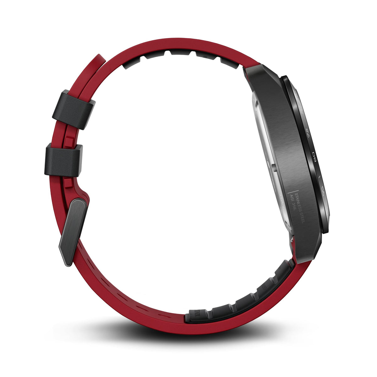 Back view of watch, red rubber strap and black case, pin-and-buckle details