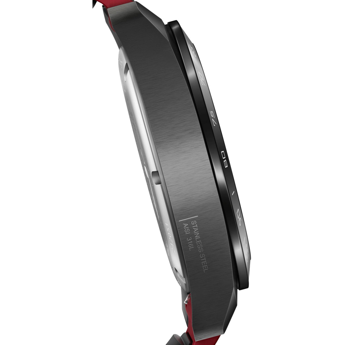 Sleek side view of watch case with dial markings, brushed metal finish, red rubber strap