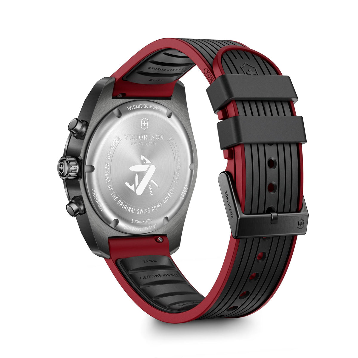 Chronograph watch with silver caseback and red rubber strap, black bezel and buckle