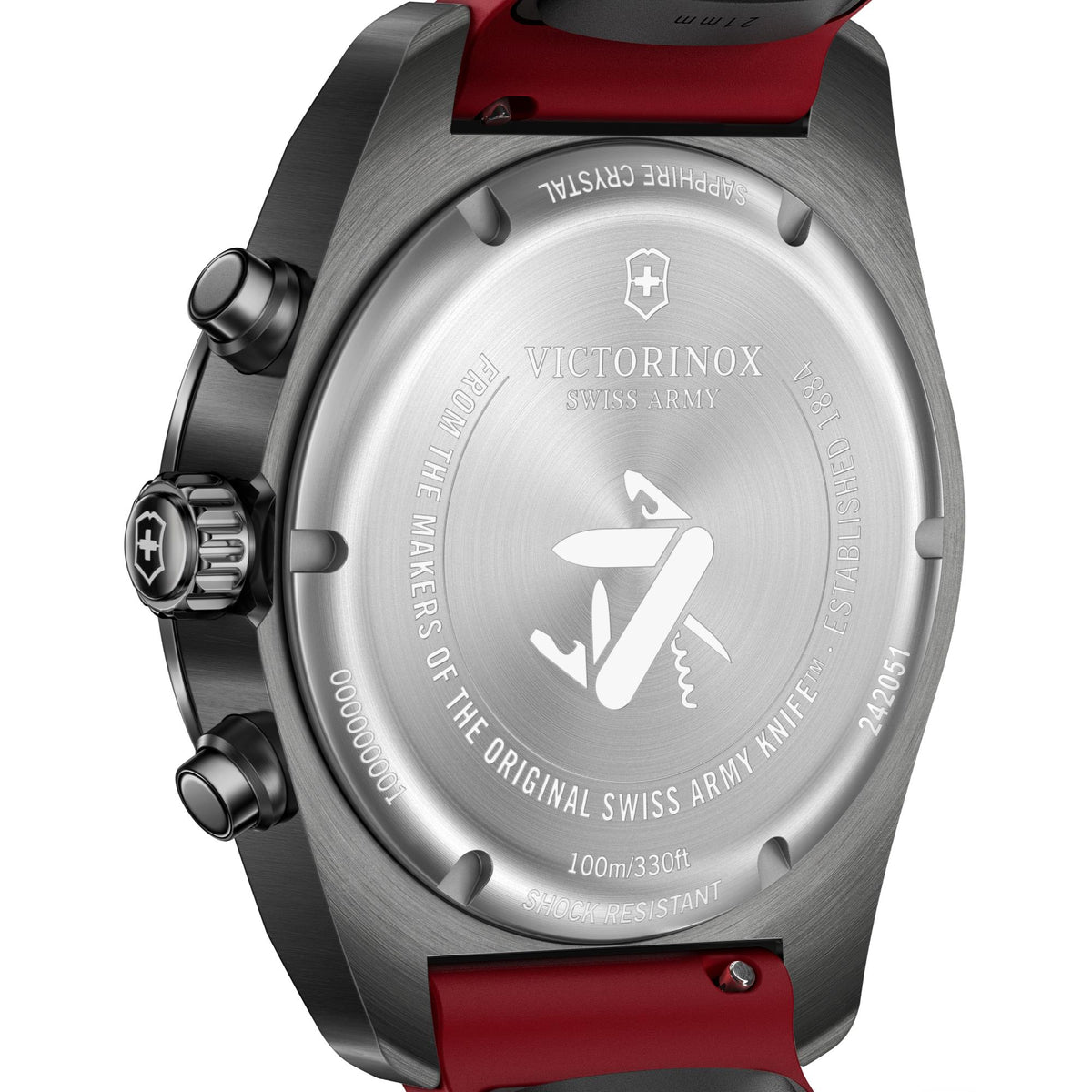 Men's chronograph watch with black dial, stainless case, and black rubber strap