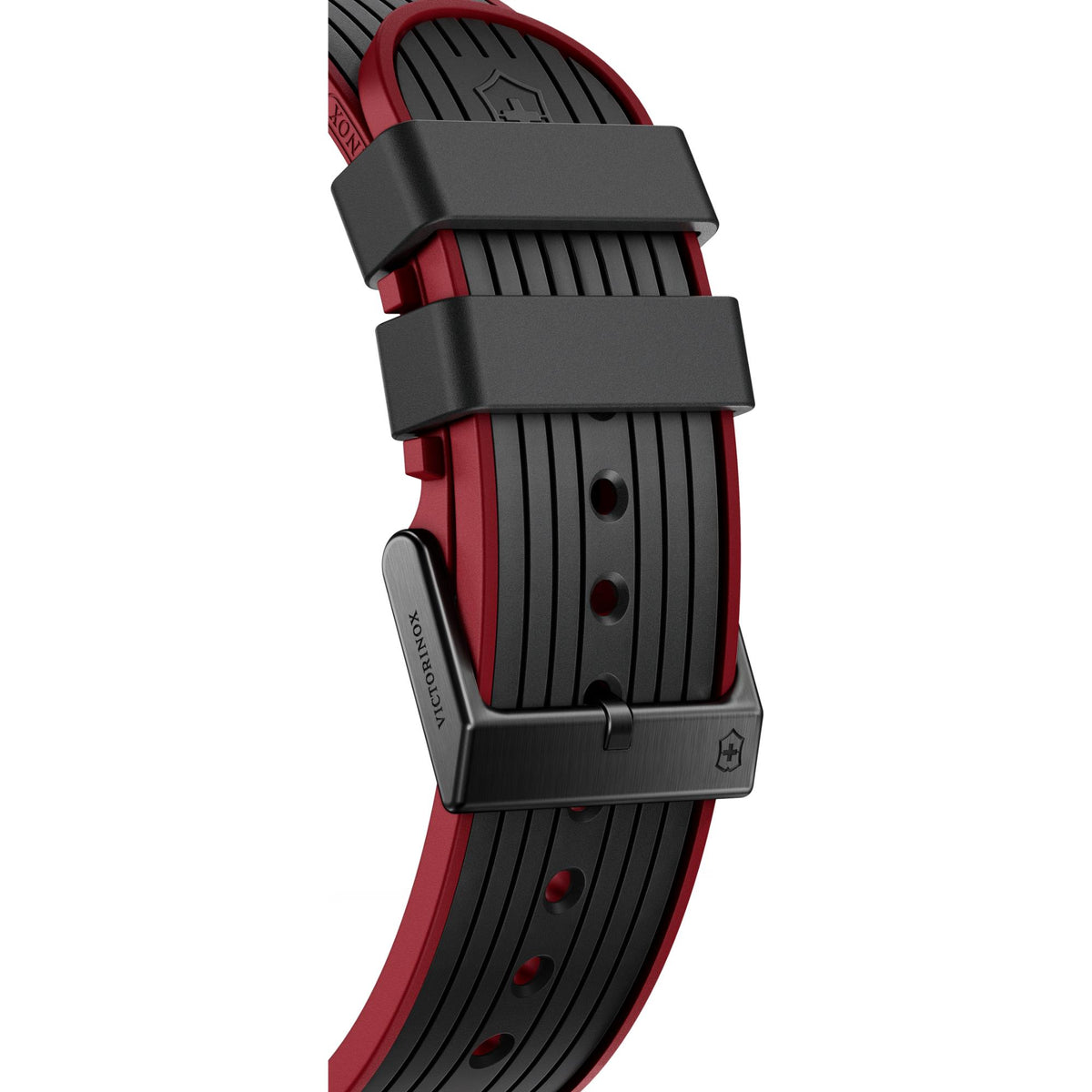 Chronograph watch with black and red rubber strap, metal buckle, and side buttons