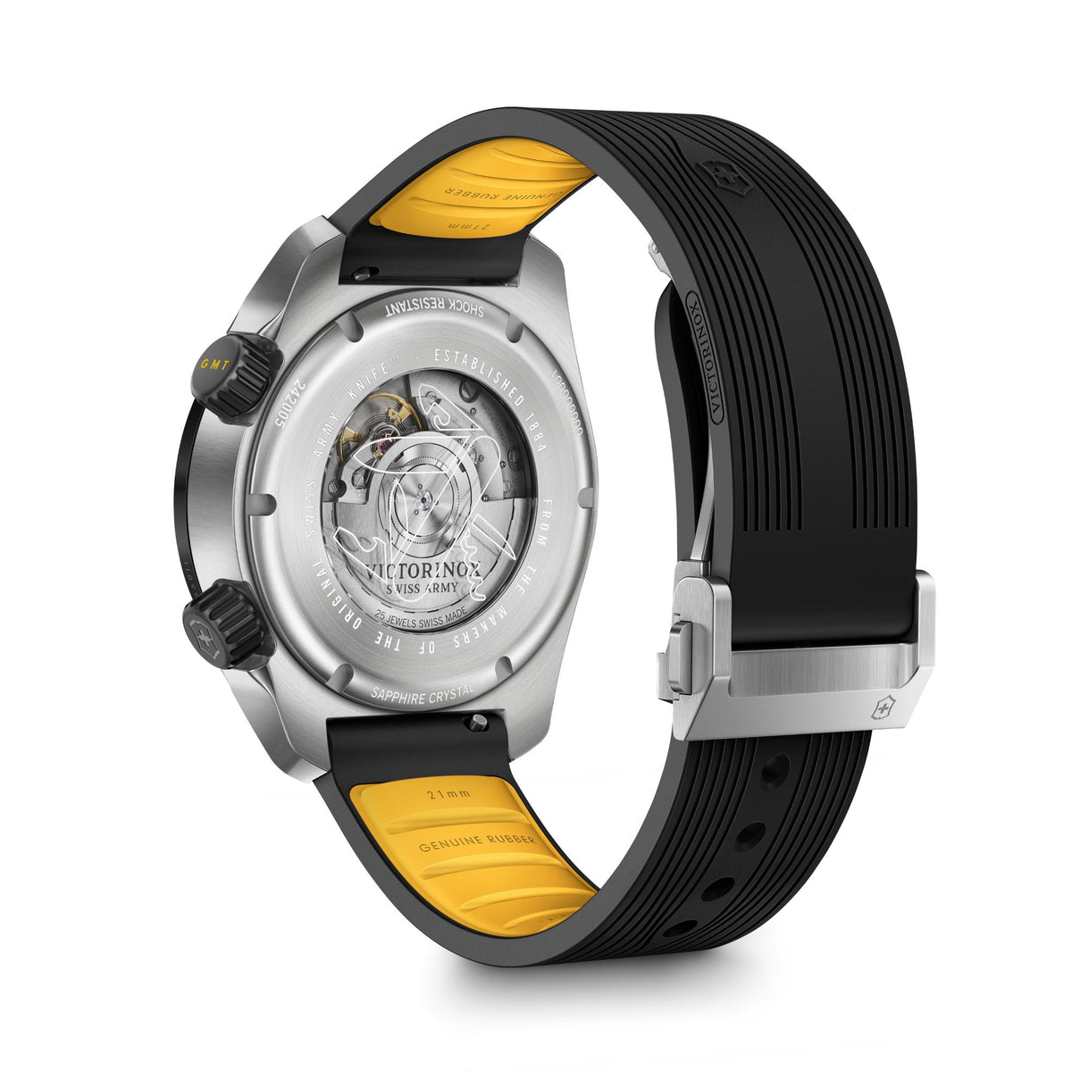 Transparent caseback GMT automatic watch with yellow accents and black rubber strap