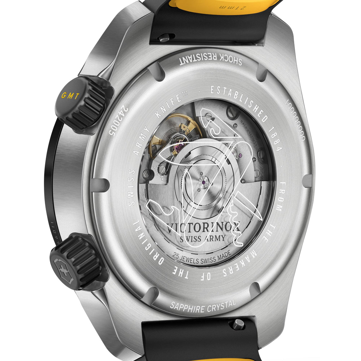 Stainless steel automatic GMT watch with skeleton dial and black rubber strap