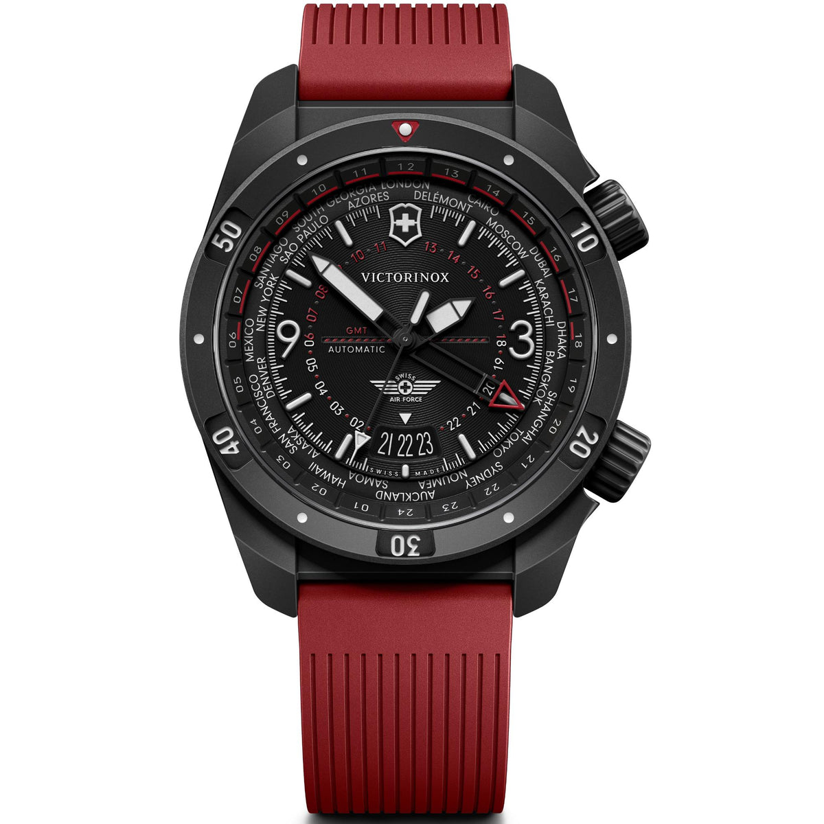 Victorinox Air Pro Automatic GMT Black Dial Rubber Strap Men's Watch 242006
