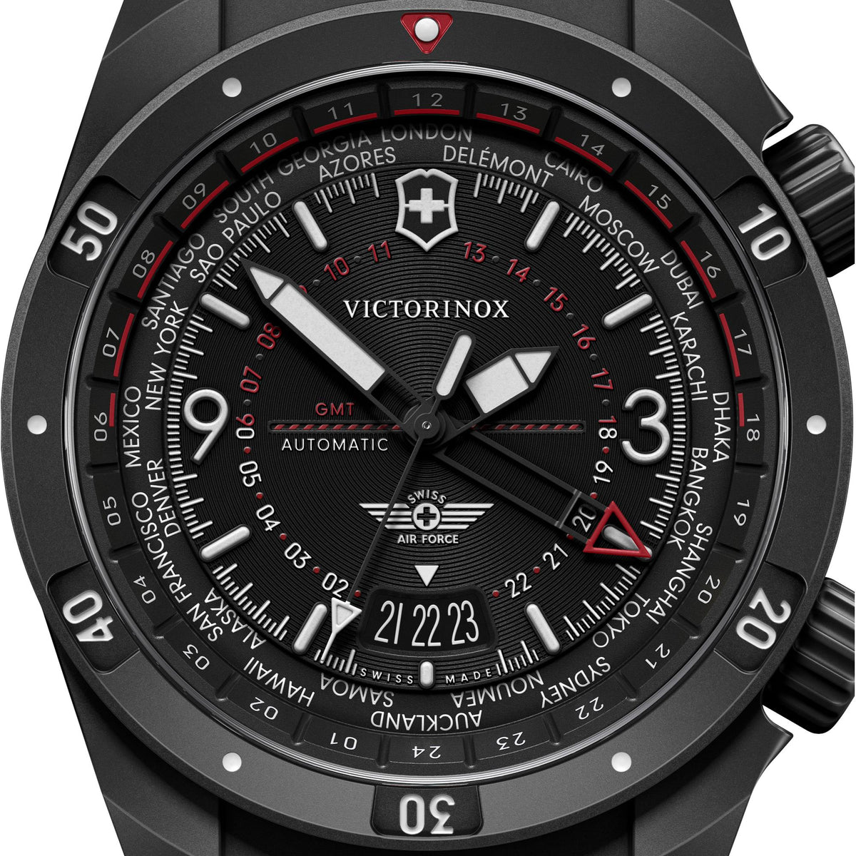 Men's automatic GMT watch with black dial and black case, black bezel, luminous markers