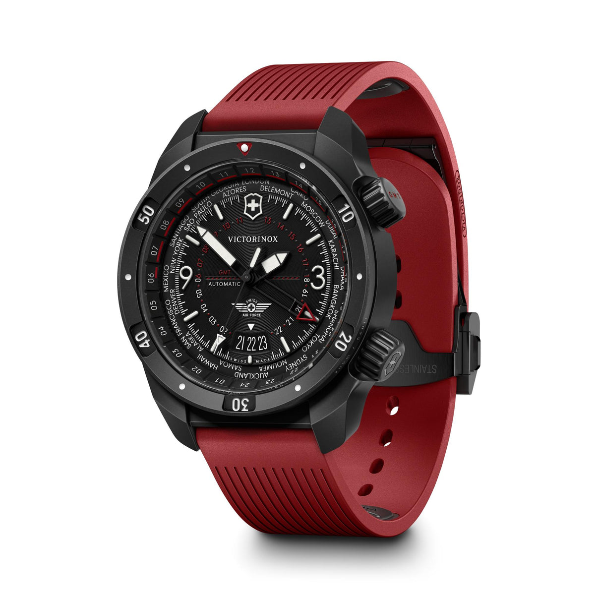 Men's automatic GMT watch with black case and black bezel, red rubber strap and black dial