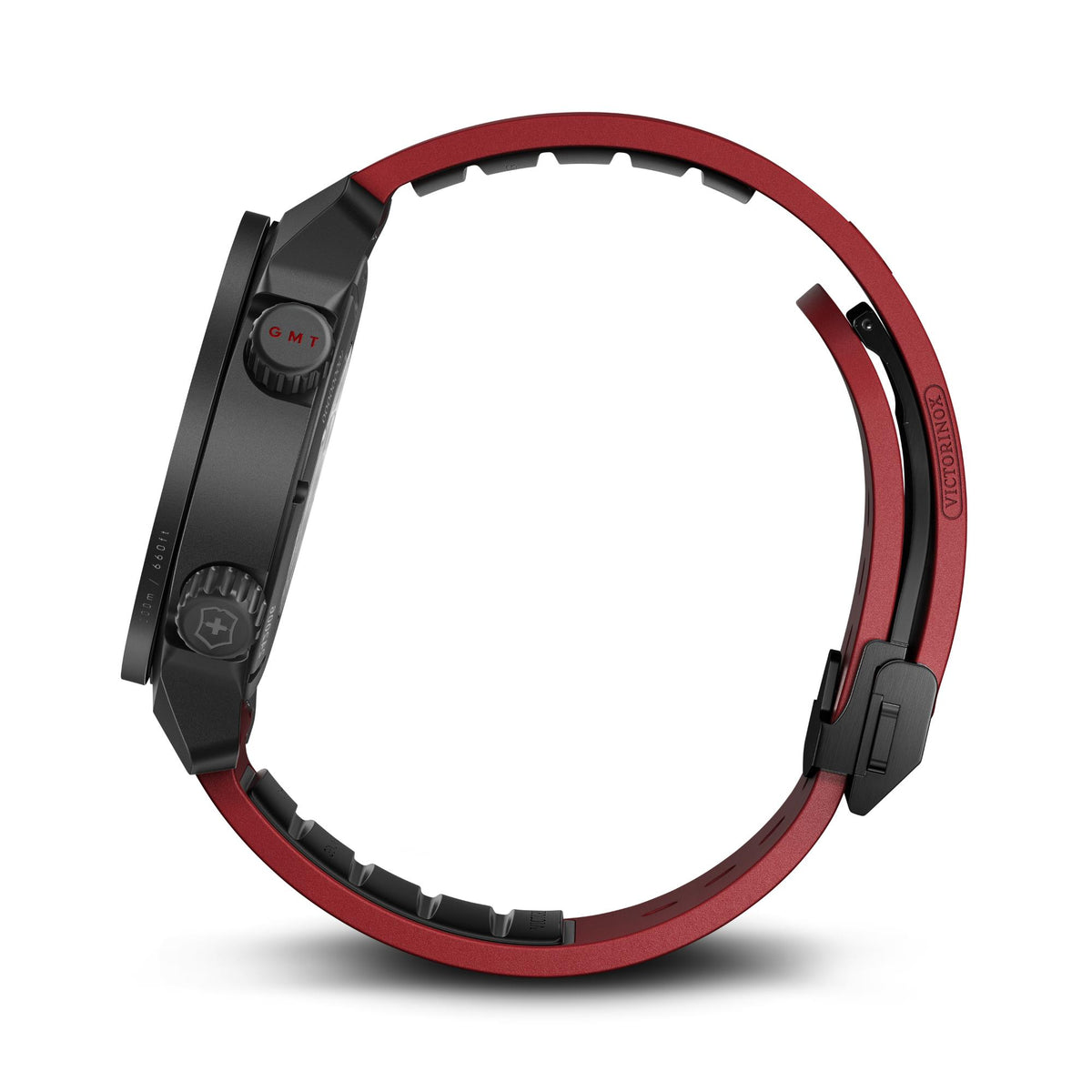Men's GMT watch strap and case side view, black case with red rubber band and knurled bezel