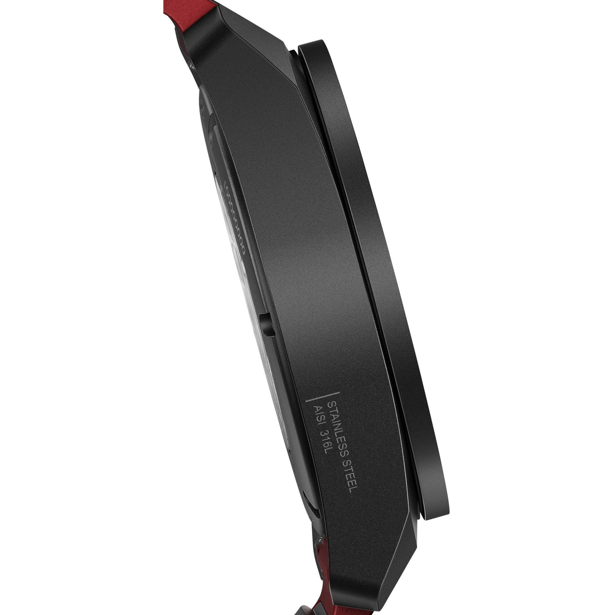 Men's GMT watch profile view showing black case thickness and red rubber strap