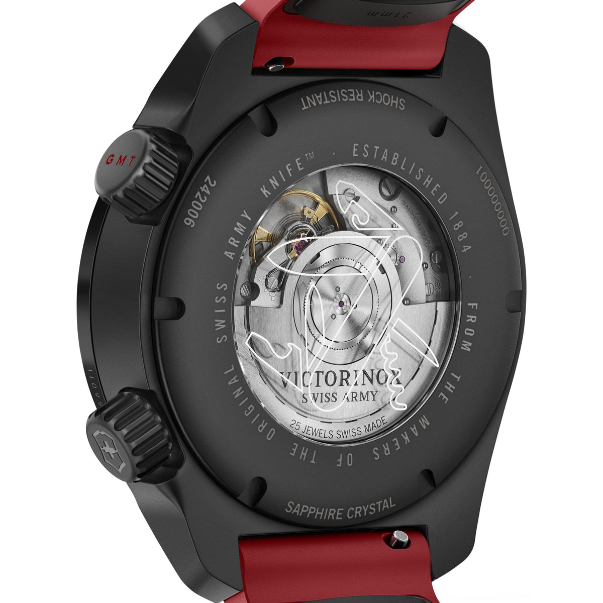 Men's automatic GMT watch caseback with visible mechanical movement, black case and red strap
