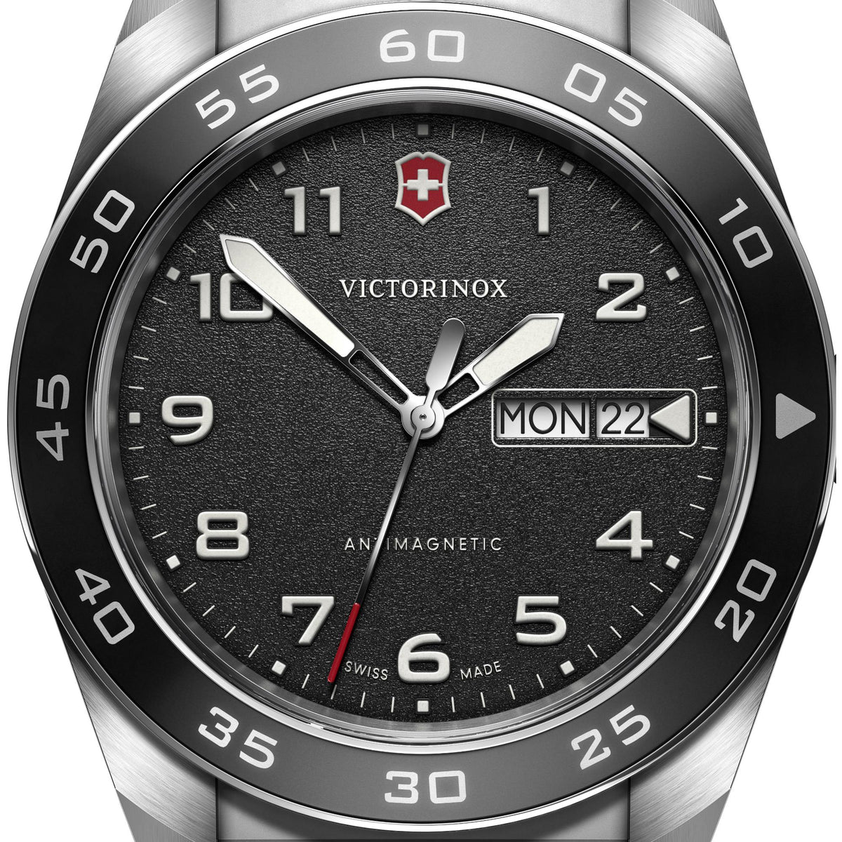Mens black dial quartz watch with silver hands, MON 22 window, date/day markers
