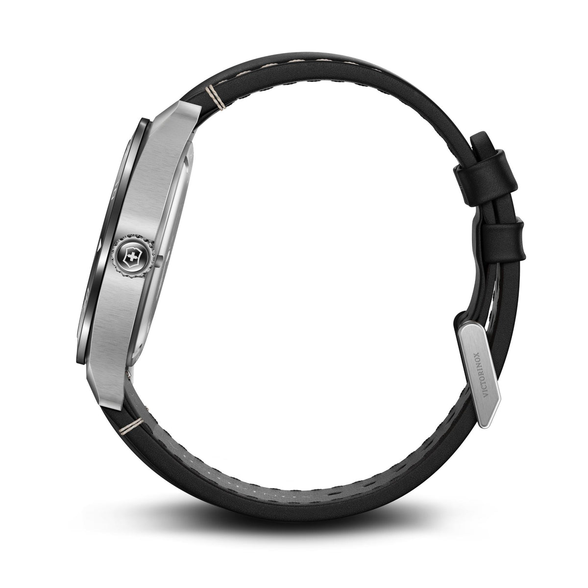 Black leather watch strap with metal watch case, angled back view