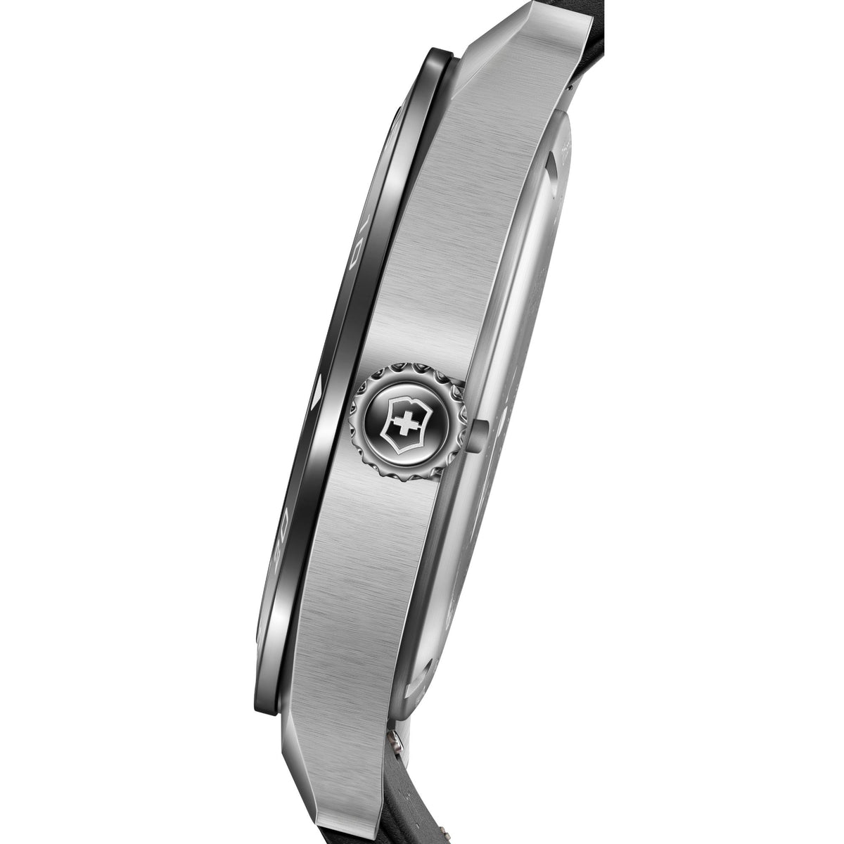 Mens watch side profile with metal case and crown detail