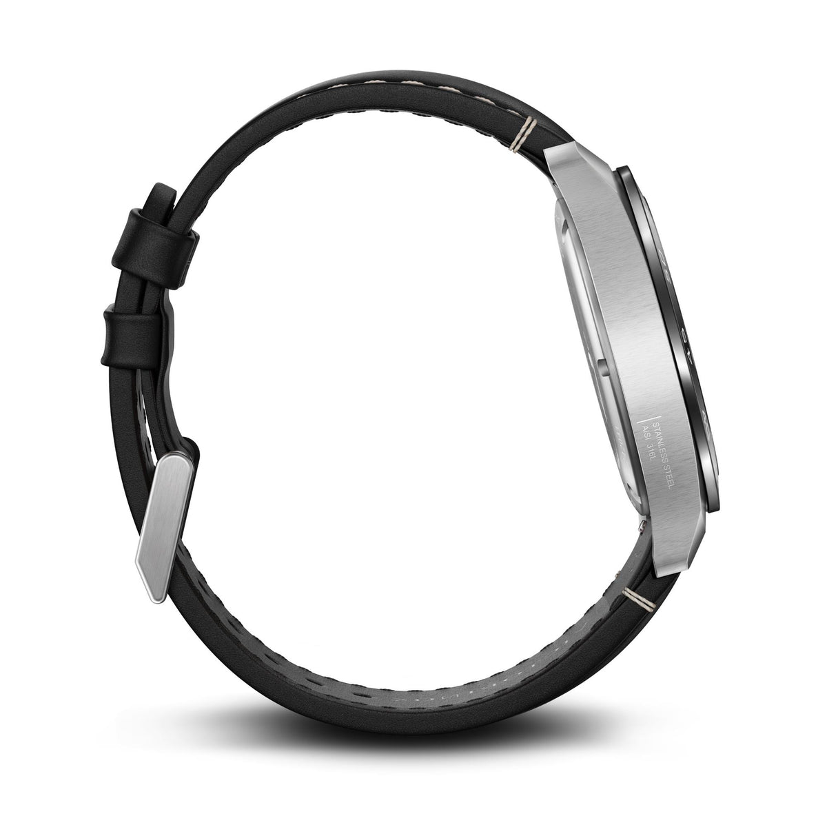 Black leather watch strap with metal case, angled side view