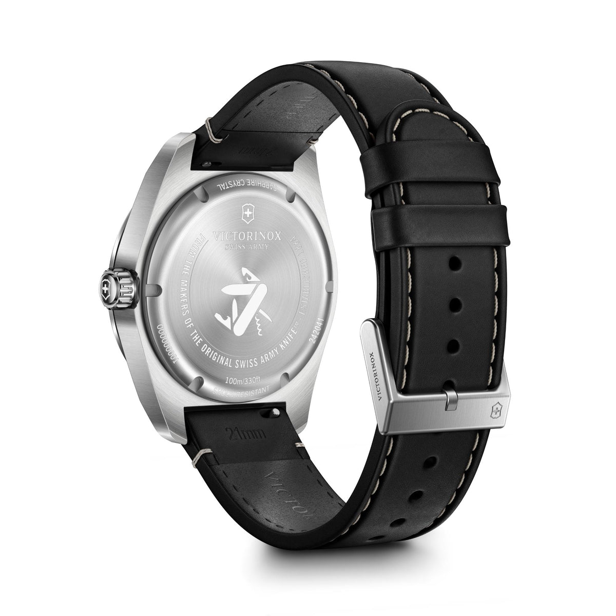 Mens quartz watch back view with silver case and black leather strap