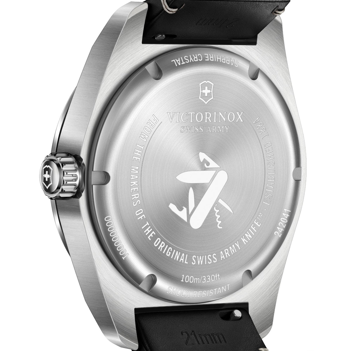 Mens quartz wristwatch with black dial, stainless steel case, and leather strap