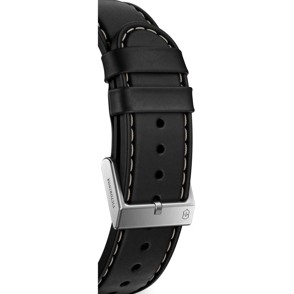 Mens wristwatch with black leather strap and metal buckle clasp