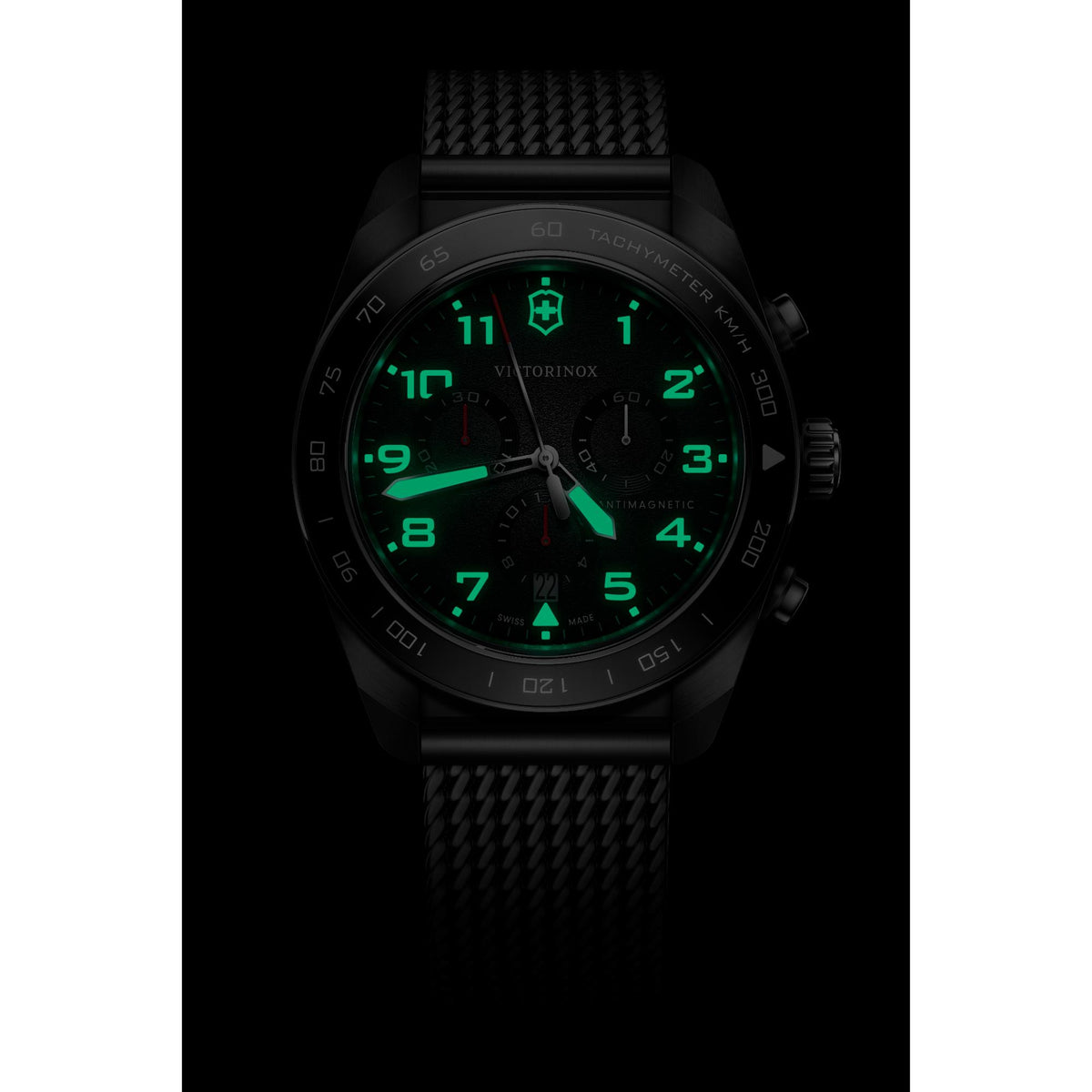 Men's chronograph watch with luminous green hands and markers on black dial