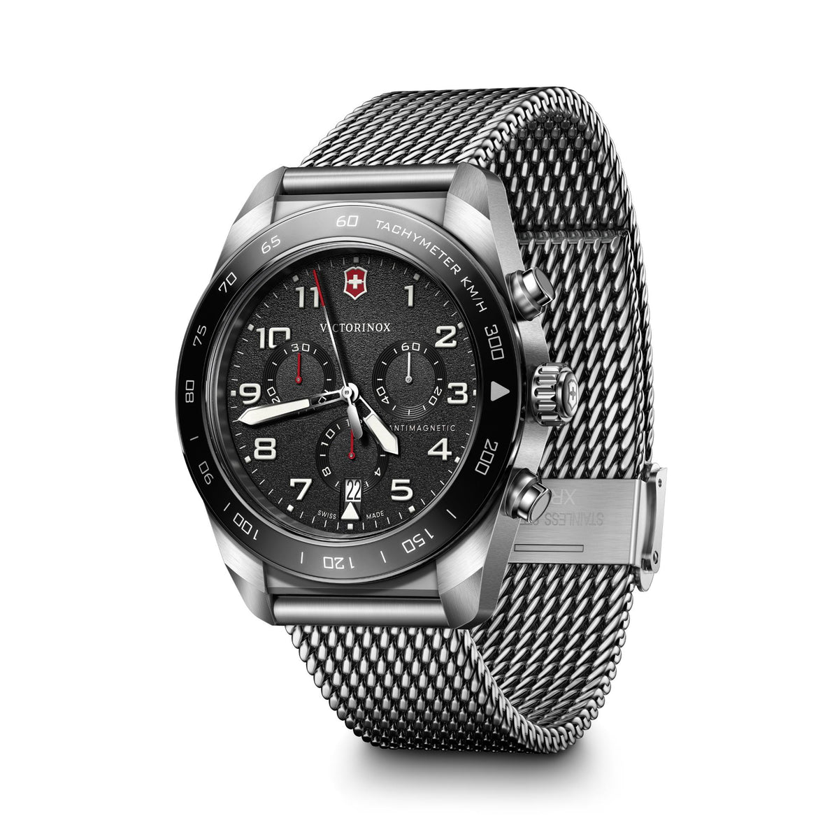 Steel chronograph watch showing front case and black mesh bracelet with clasp