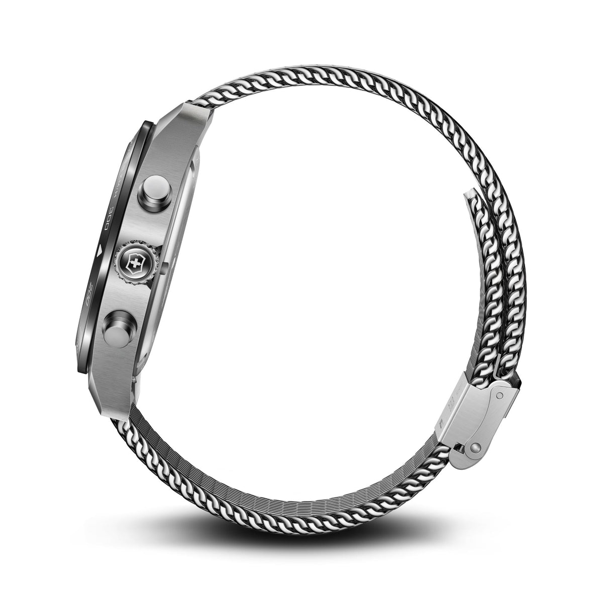 Steel watch case side with crown buttons and woven metal mesh bracelet