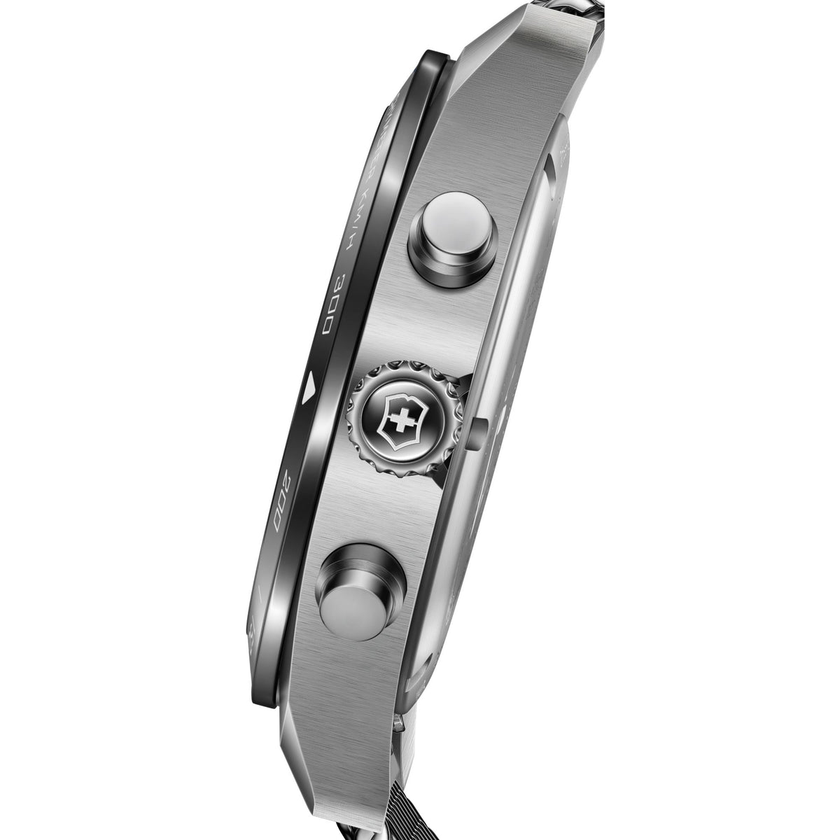Steel watch profile with textured metal mesh bracelet links and side buttons