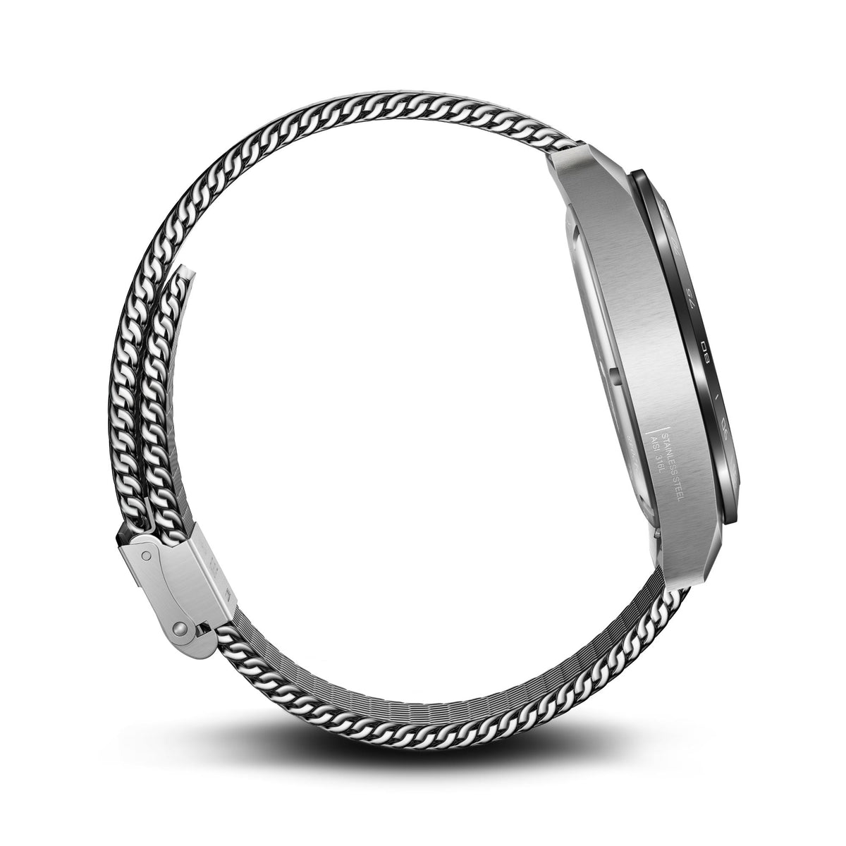 Steel watch side with bezel and woven metal mesh bracelet, angled view