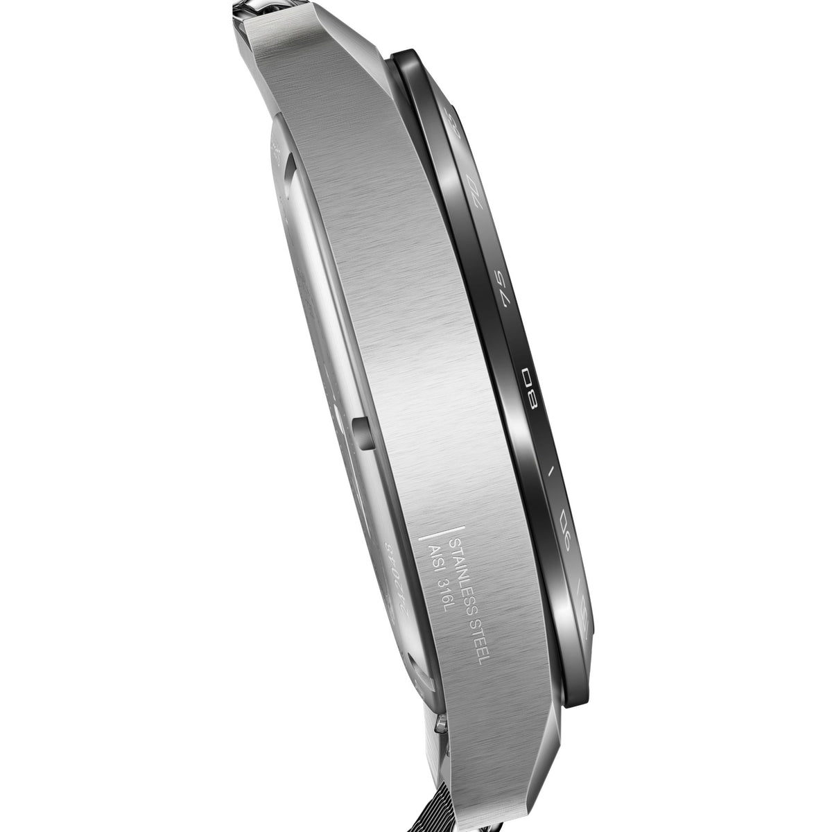 Steel watch case back and lugs with brushed finish, shown with woven metal mesh bracelet