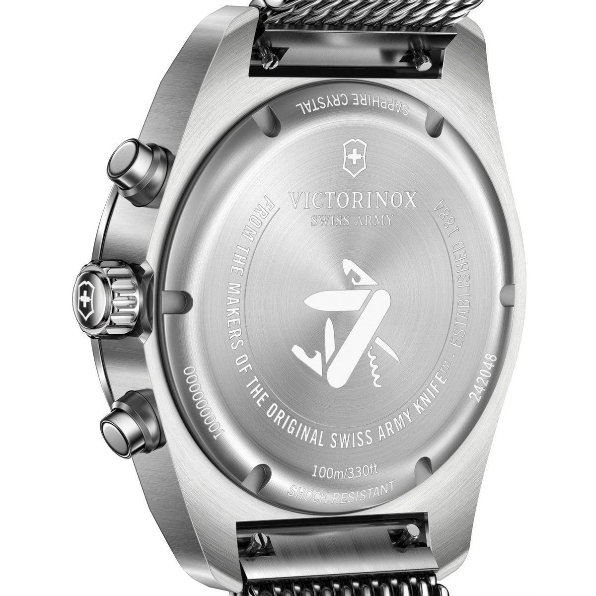 Victorinox Swiss Army chronograph watch close-up, round dial with chronograph subdials